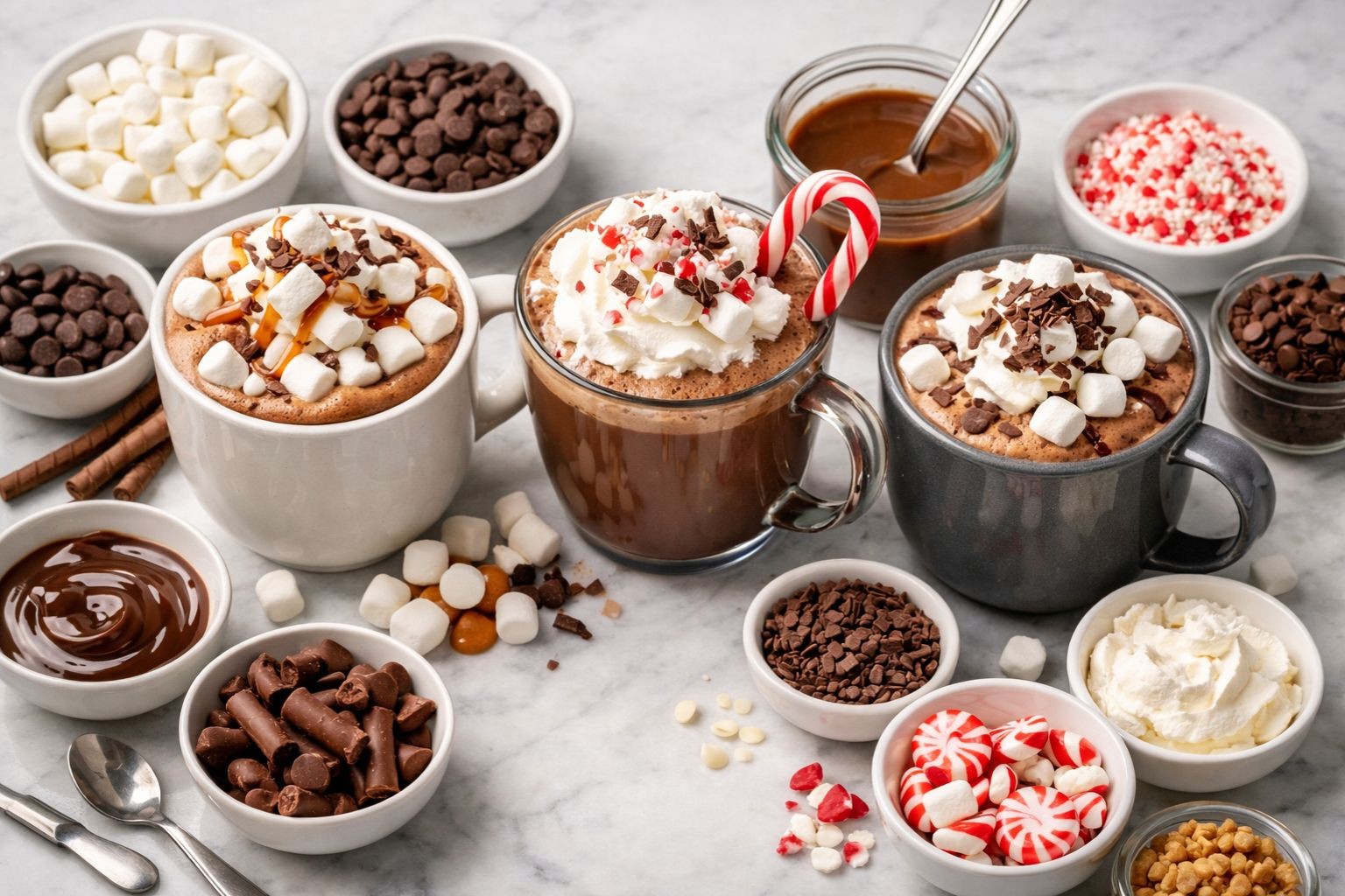 Beautiful hot chocolate bar with vibrant swirled marshmallows, rich hot cocoa, cozy winter setting