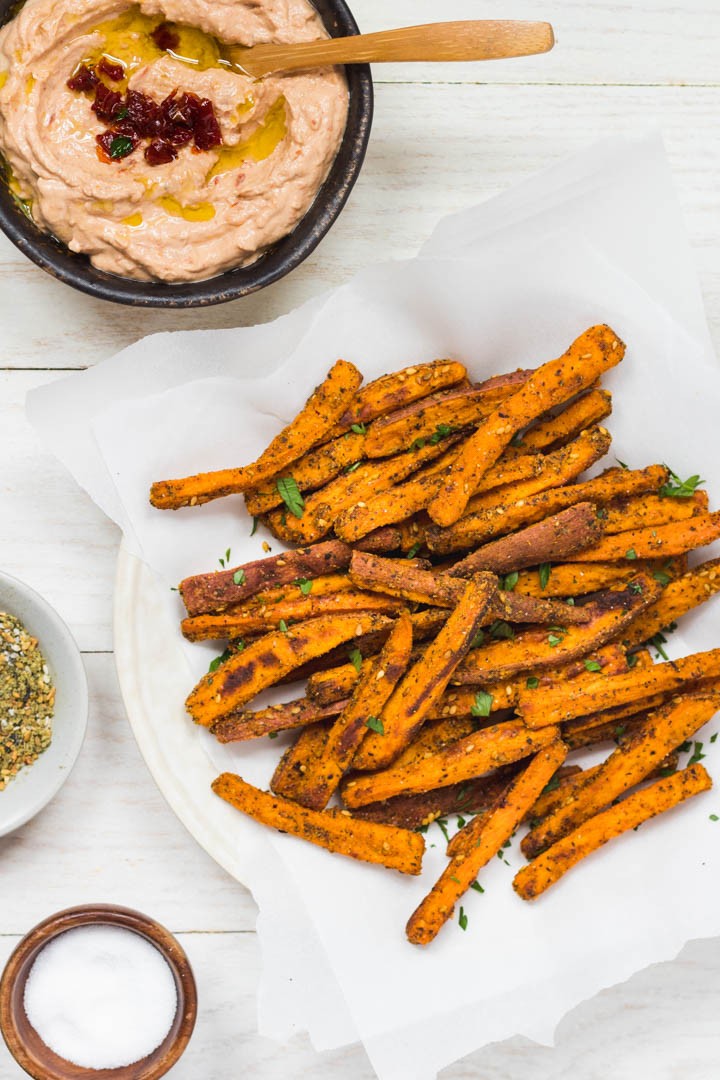 Za'atar spiced carrot fries with tahini dip