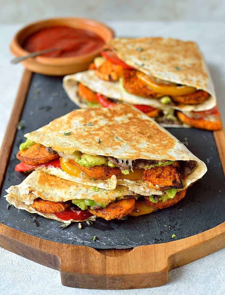 vegan quesadillas with roasted vegetables and vegan cheese