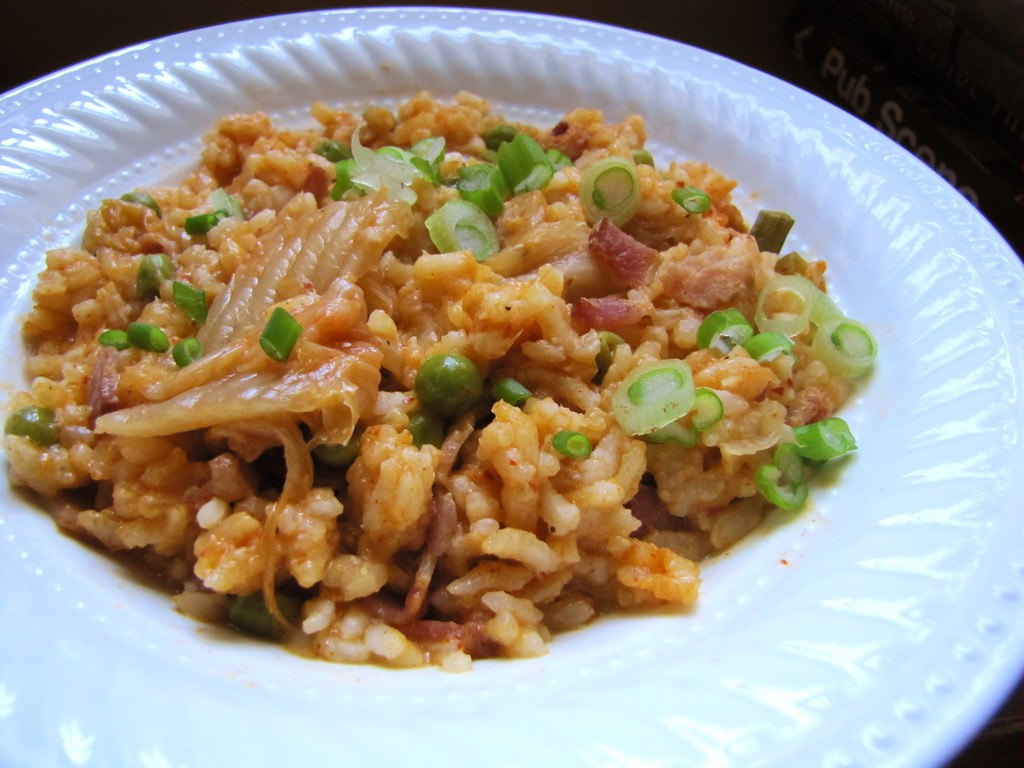 Kimchi and Bacon Risotto in a bowl