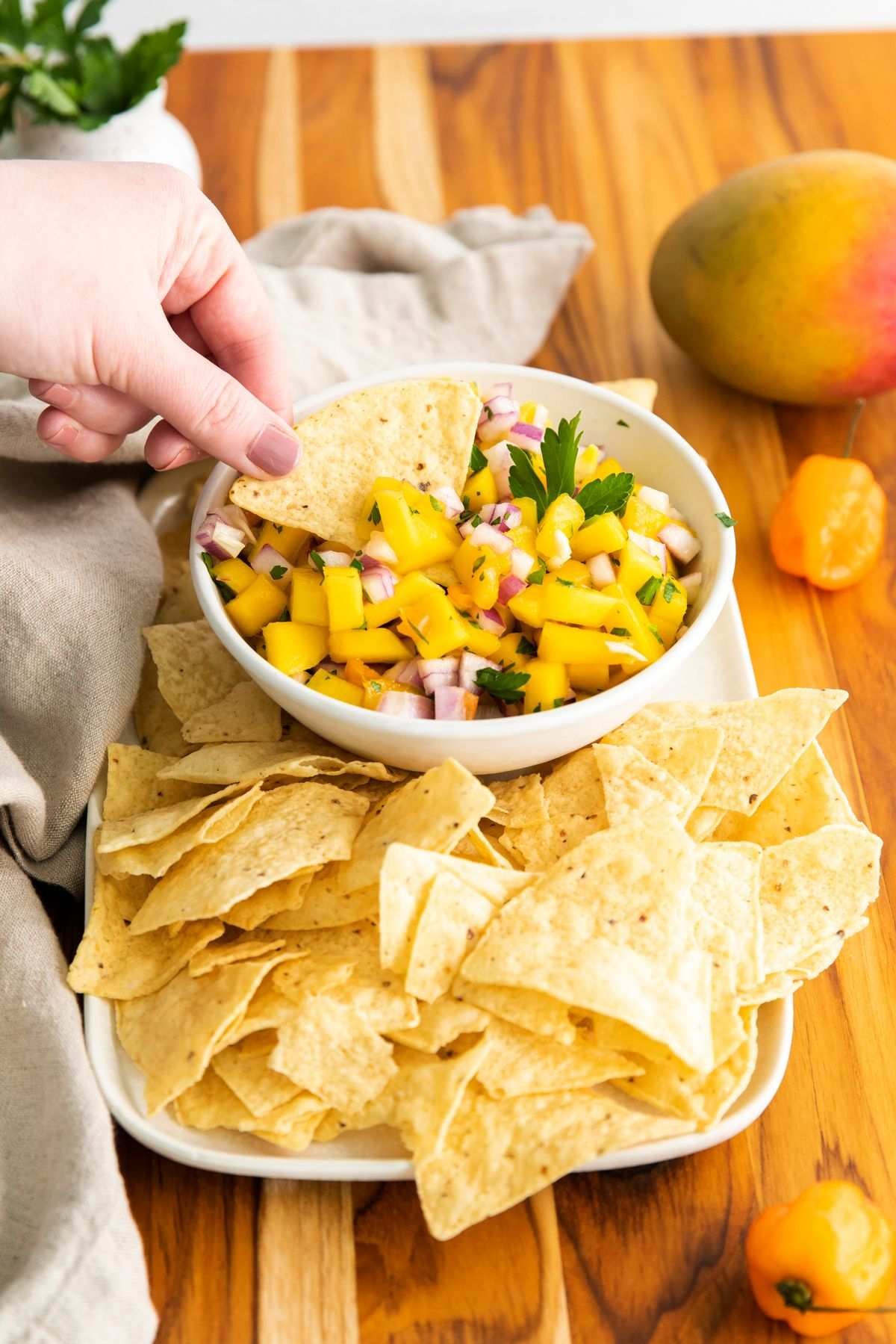 ghost pepper mango salsa on tortilla chips