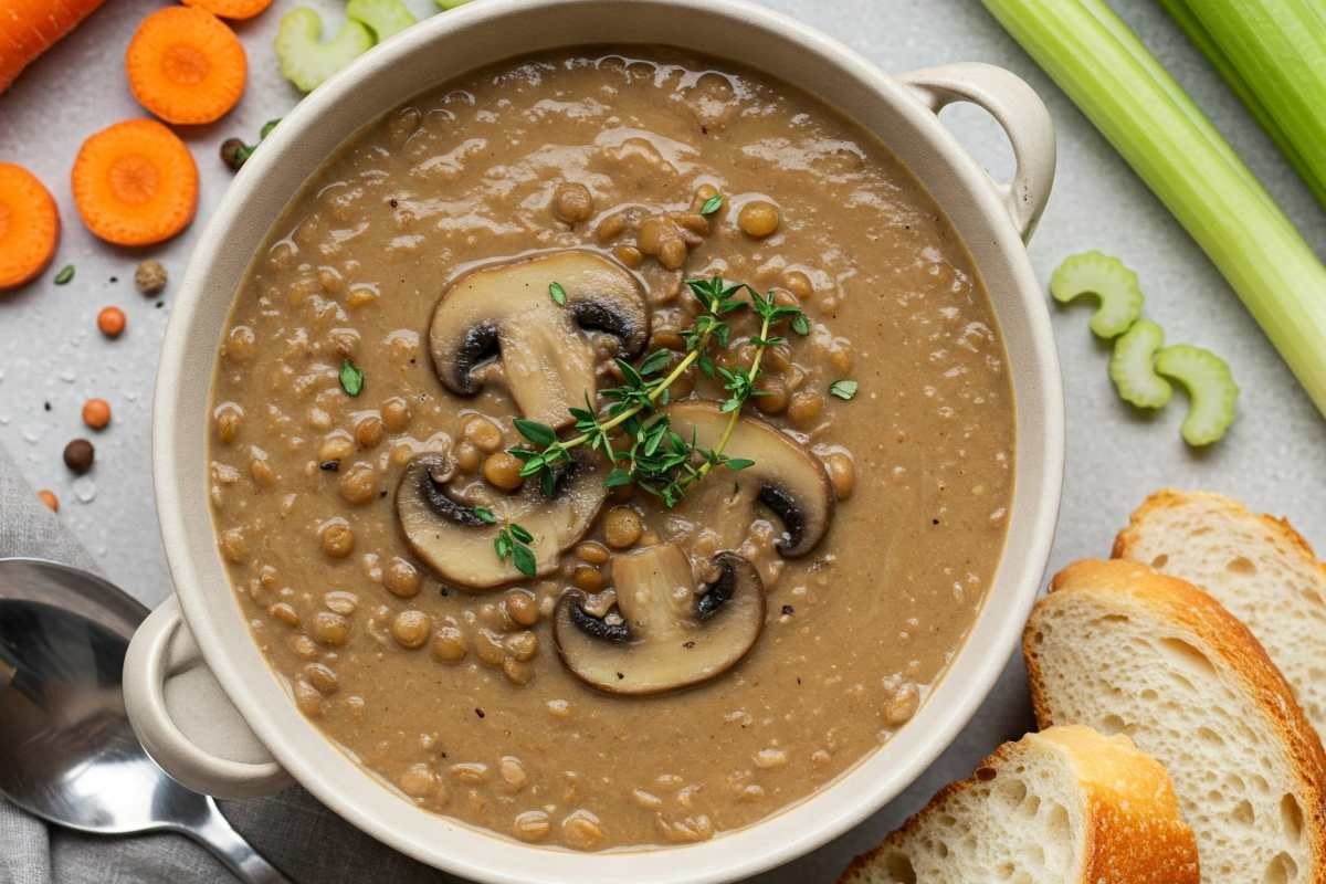 A steaming bowl of lentil soup with crusty bread