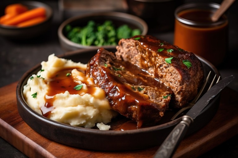 classic meatloaf on a wooden cutting board with mashed potatoes and gravy