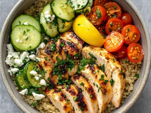 vibrant fresh herb healthy chicken bowl with quinoa