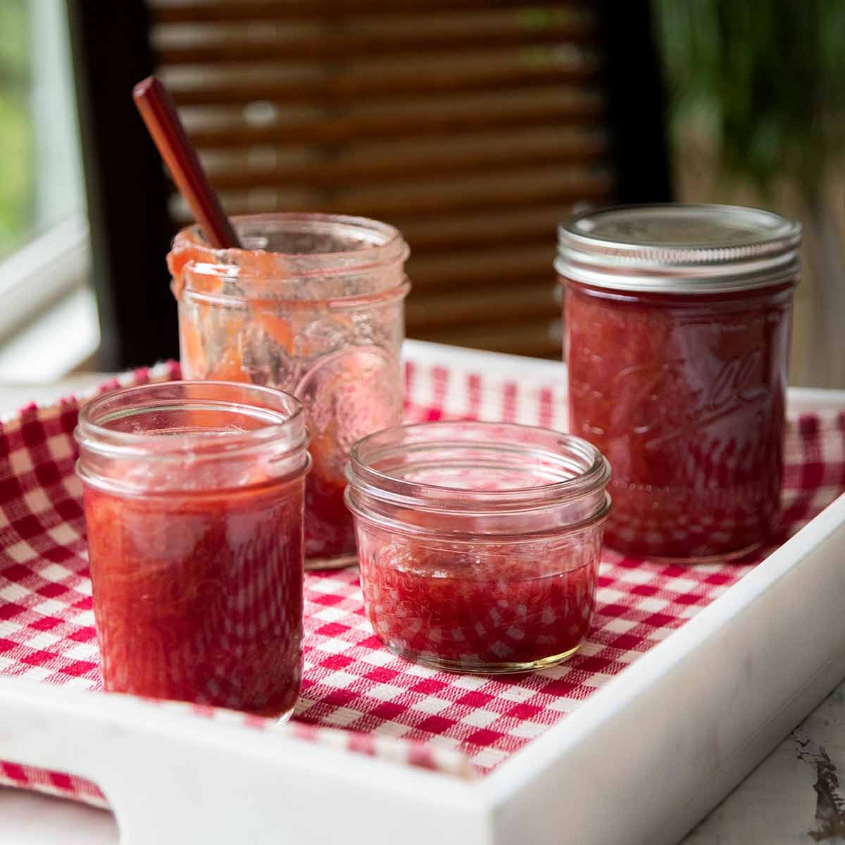 homemade rhubarb jam with saffron threads, jars of jam