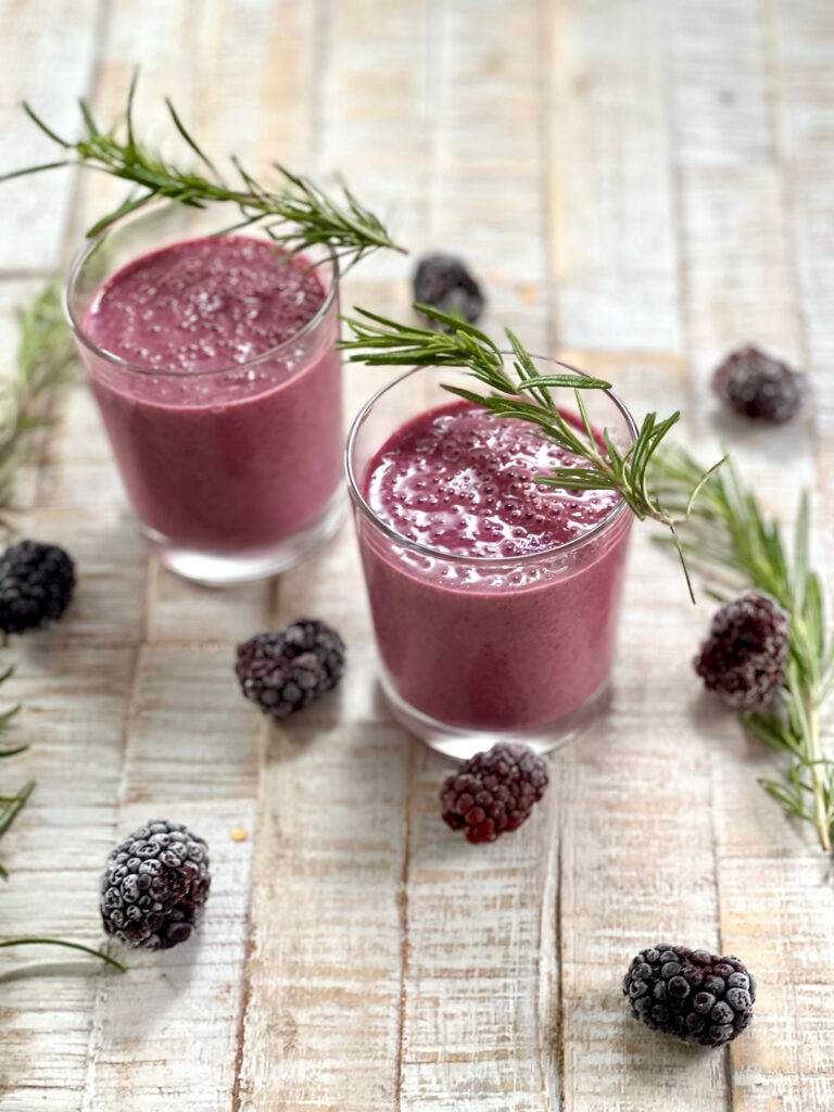 close up shot of a rosemary berry renewal smoothie