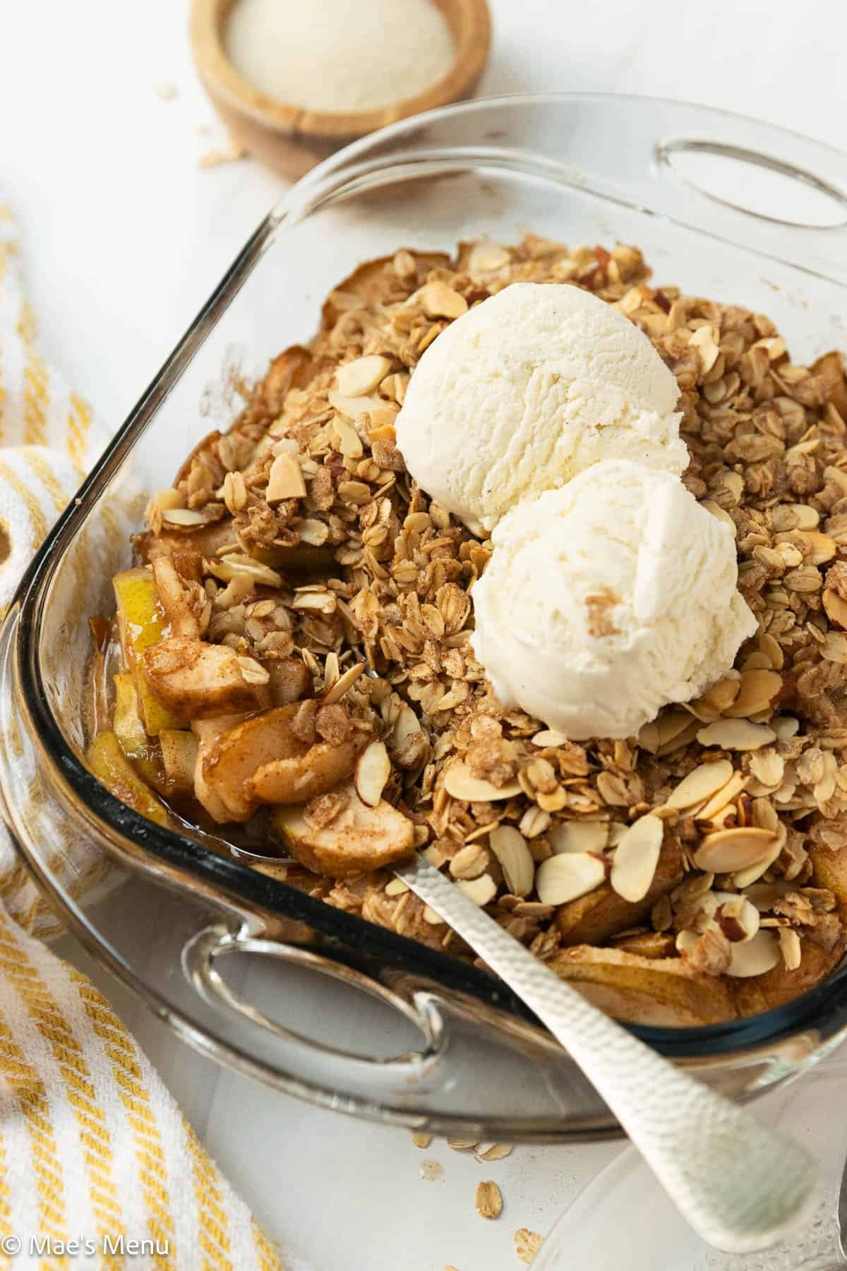 Late harvest pear crisp with almond brittle, golden and bubbling
