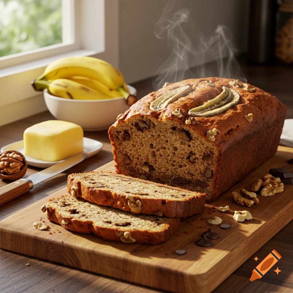 Warm banana bread loaf with crunchy walnuts, sliced on a wooden board, steam rising