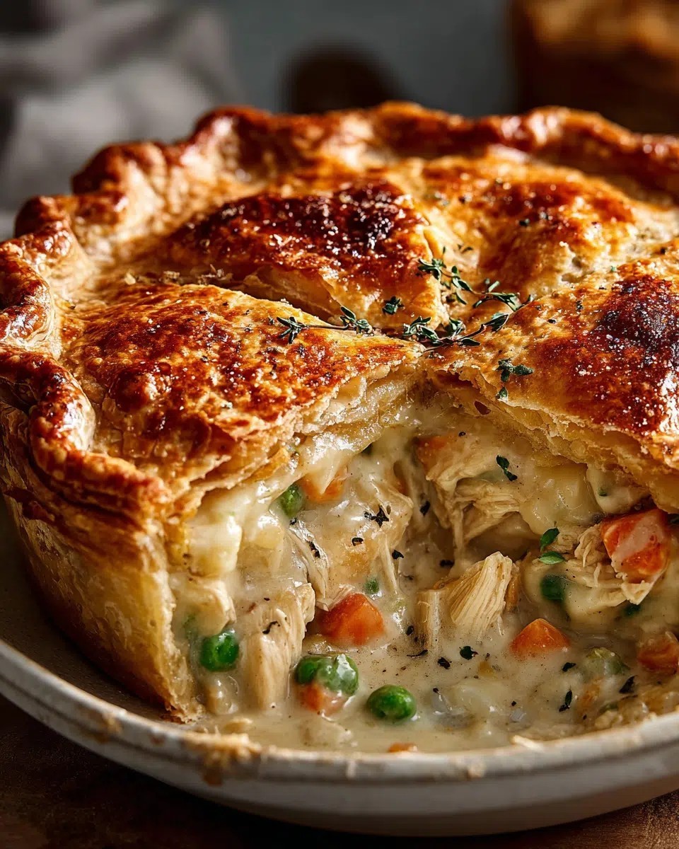 Homemade buttered chicken pot pie with a golden, flaky crust on a rustic wooden table, cozy kitchen setting