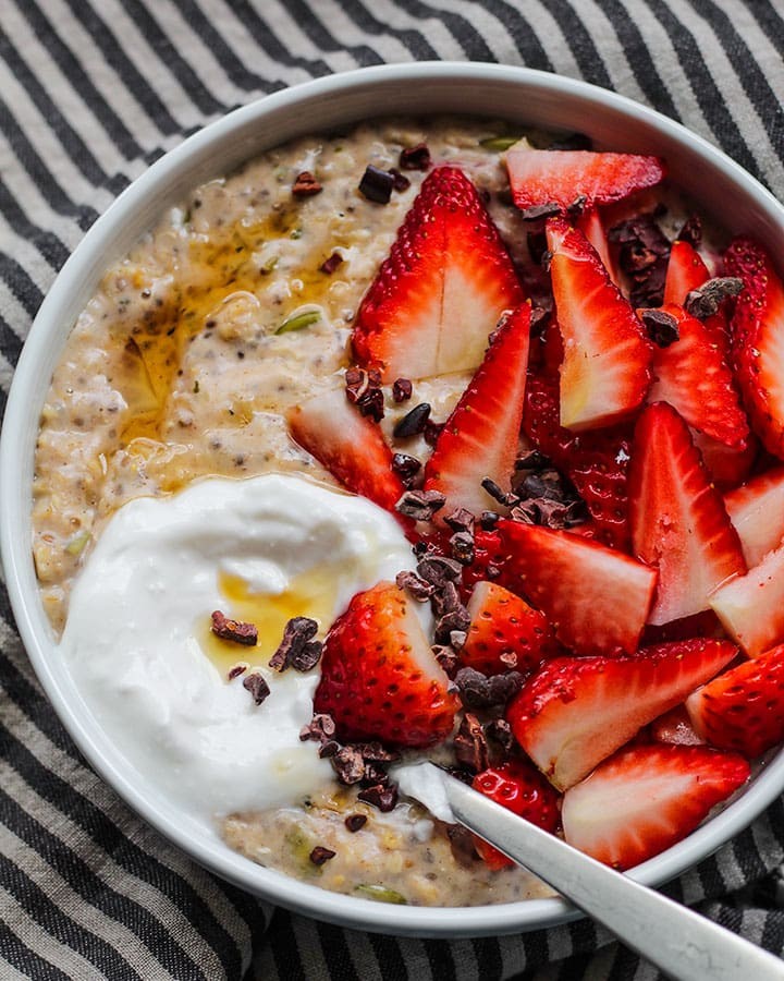 bowl of strawberry hemp seed oatmeal