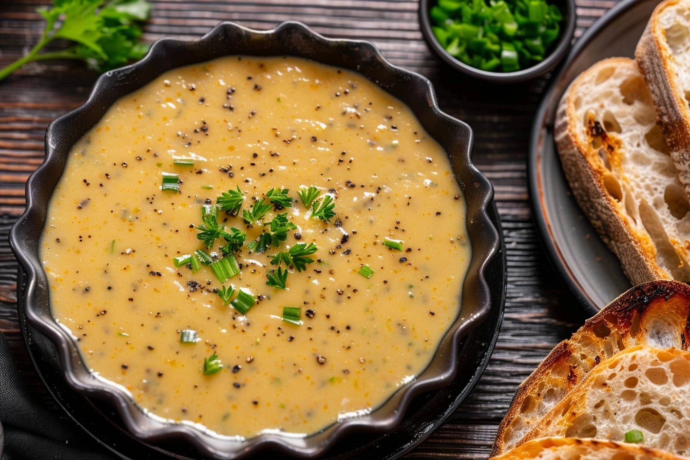 comforting bowl of creamy herb potato soup with fresh herbs and crusty bread