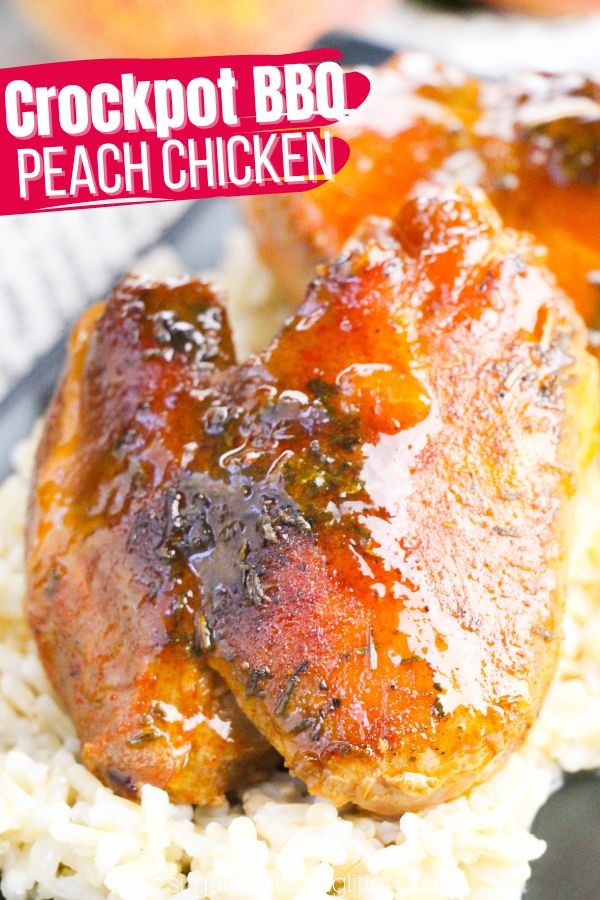 Crockpot peach bbq chicken being served at a campsite