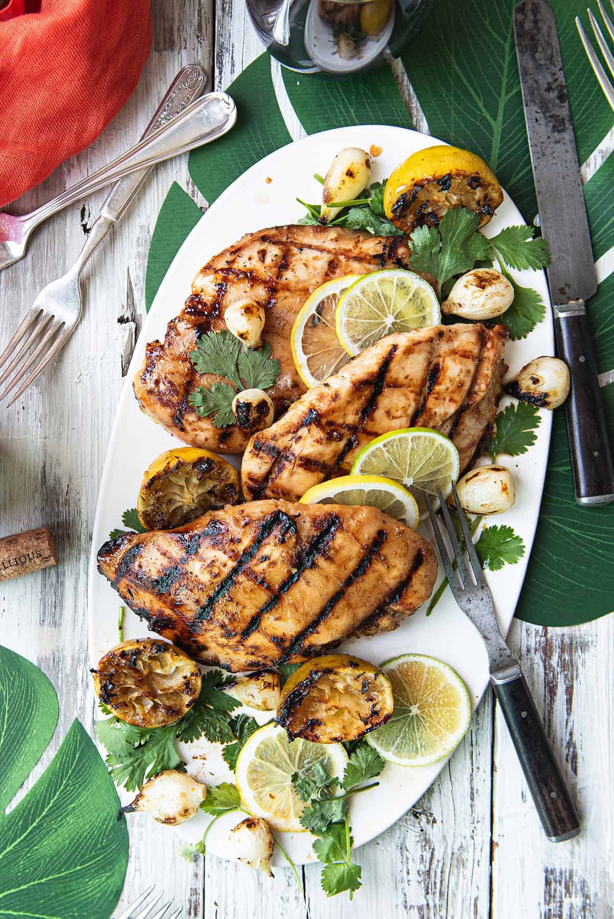 Vibrant grilled chicken breasts with citrus slices and fresh herbs on a platter