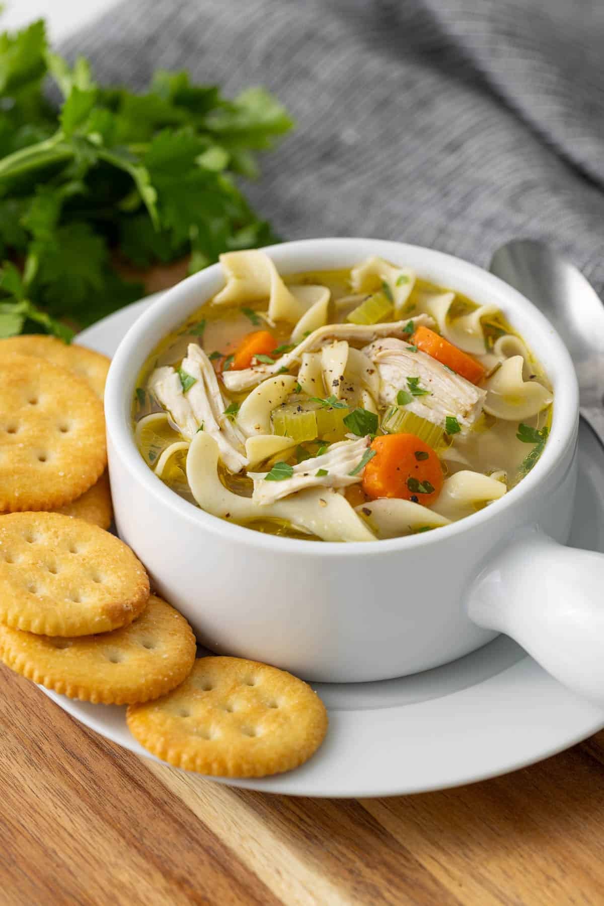 bowl of steaming chicken noodle soup with crackers