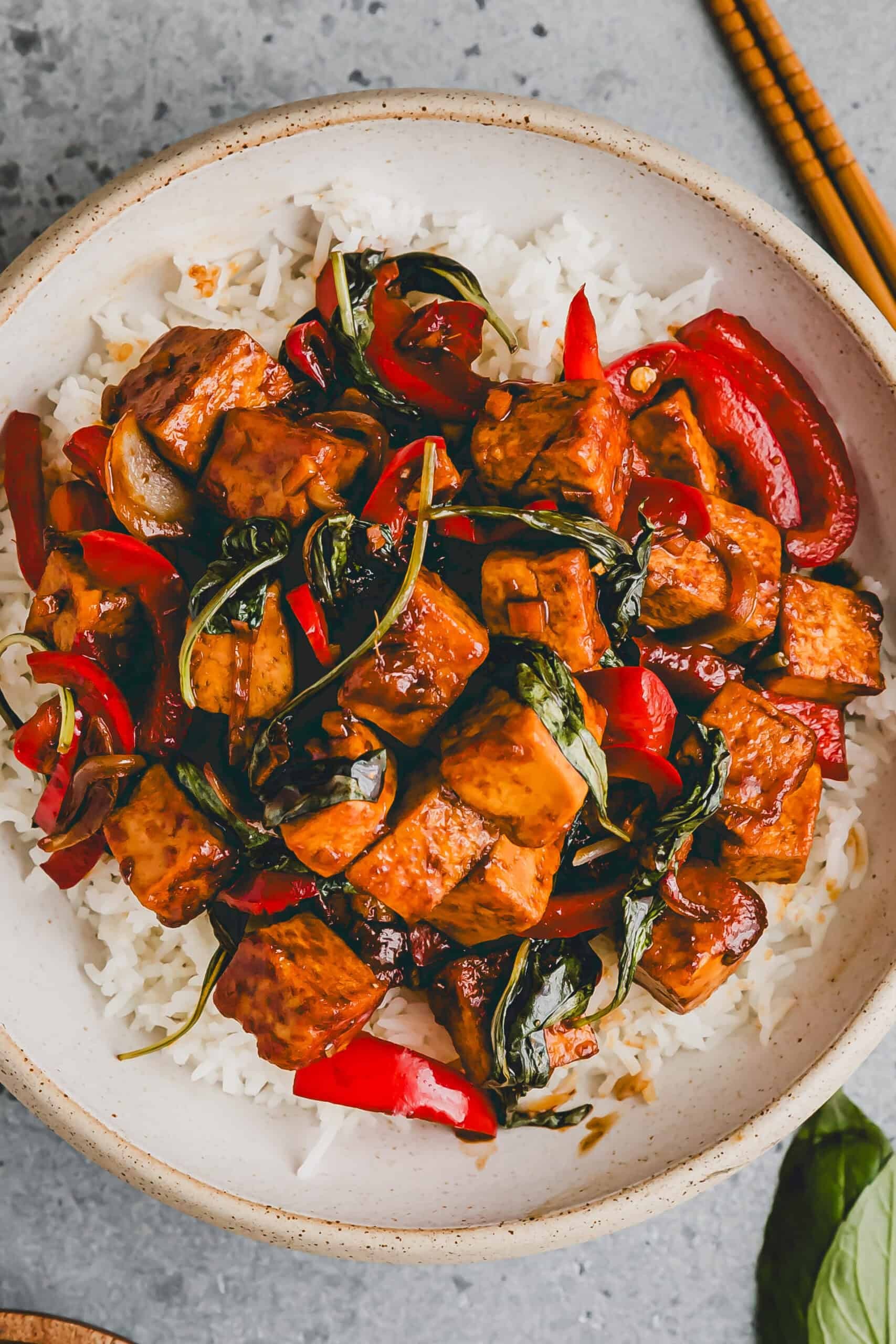 Thai Basil Zoodle Stir-Fry with Tofu served in a bowl