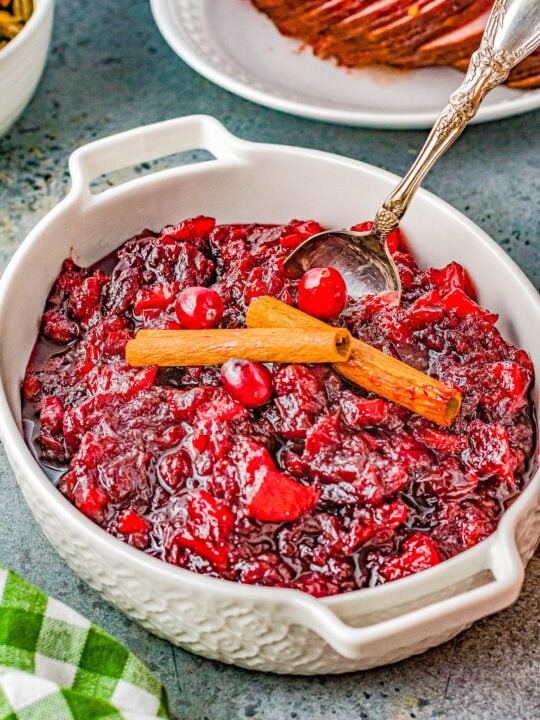 vibrant cranberry apple sauce in a ceramic bowl with cinnamon sticks and fresh cranberries, festive setting