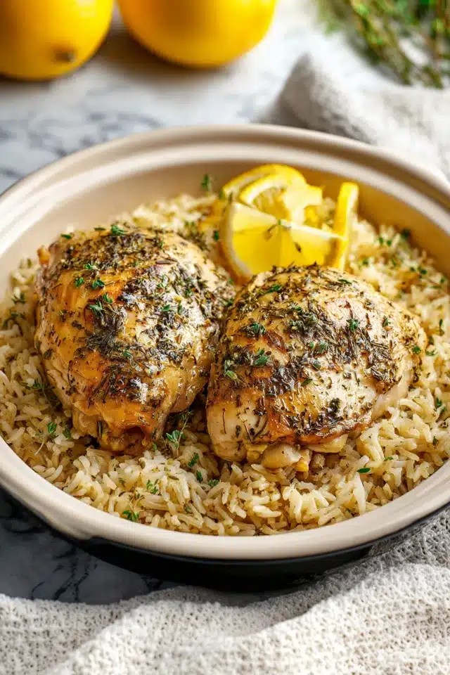 slow cooker lemon herb chicken and rice served in bowls