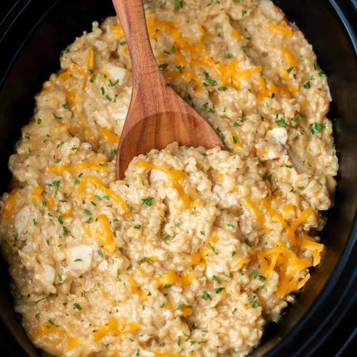 creamy cheesy chicken and rice in a crockpot