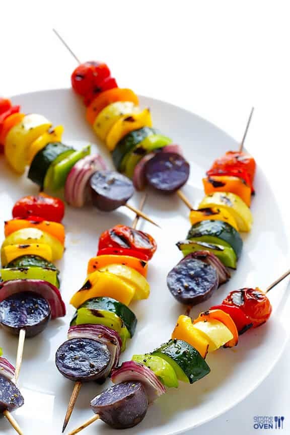 colorful rainbow veggie skewers grilling