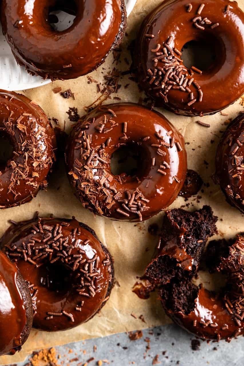 brownie doughnuts with chocolate glaze and sprinkles