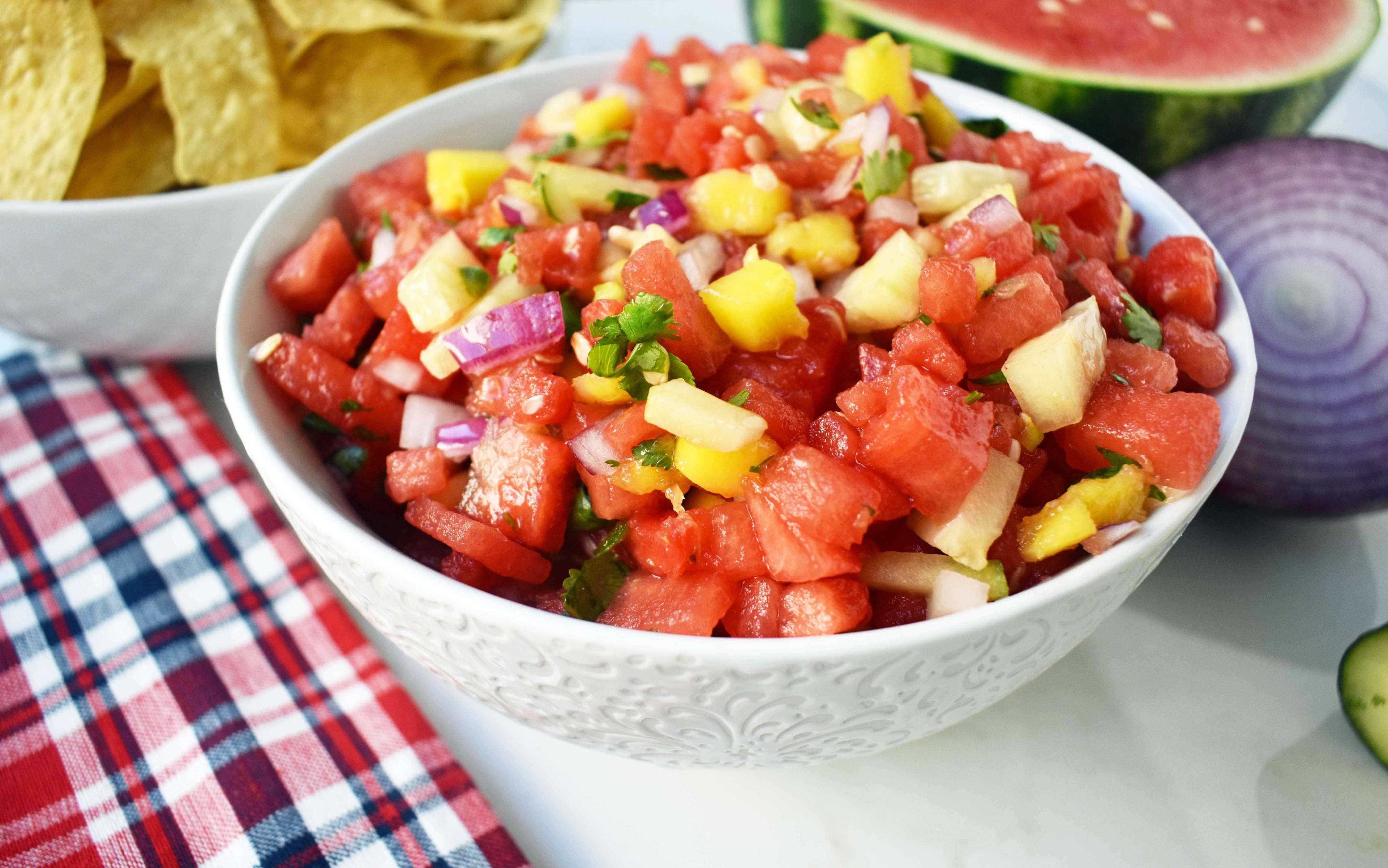 fresh watermelon mango salsa with lime and cilantro