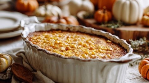 Thanksgiving sweet corn casserole with golden brown top in a ceramic dish, garnished with fresh herbs, on a rustic wooden table with fall decorations