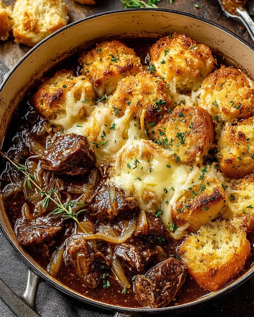 Rustic ground beef stew in a cast iron pot with crusty bread, cozy kitchen lighting