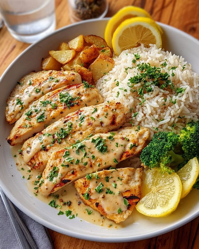plate of seared citrus garlic chicken breast with fresh herbs and lemon wedges, golden brown, vibrant