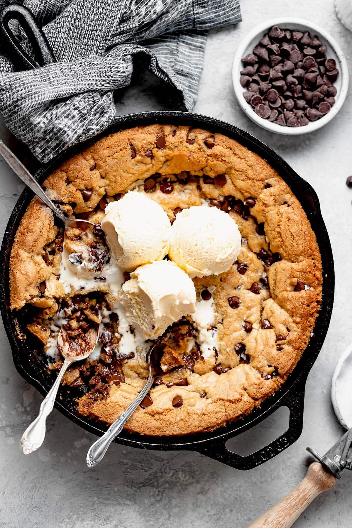 warm triple-chocolate cookie melt skillet, molten chocolate, vanilla ice cream melting