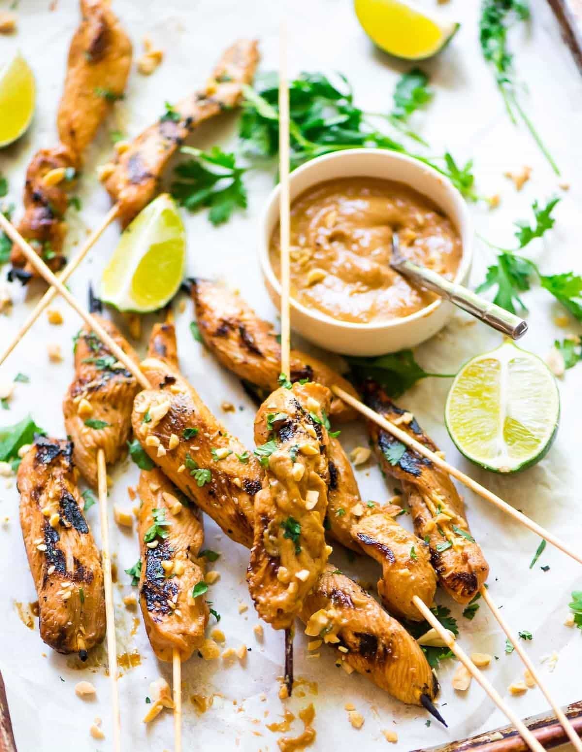 grilled chicken satay skewers with peanut dipping sauce