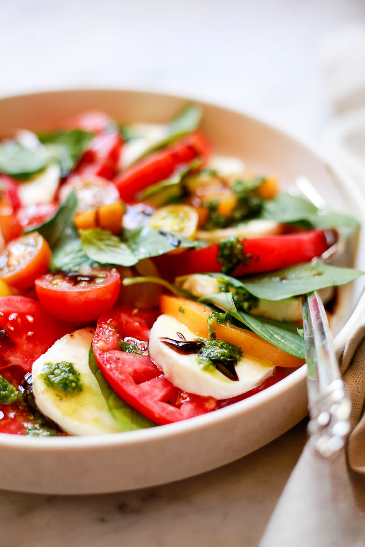 caprese salad with saffron threads close up