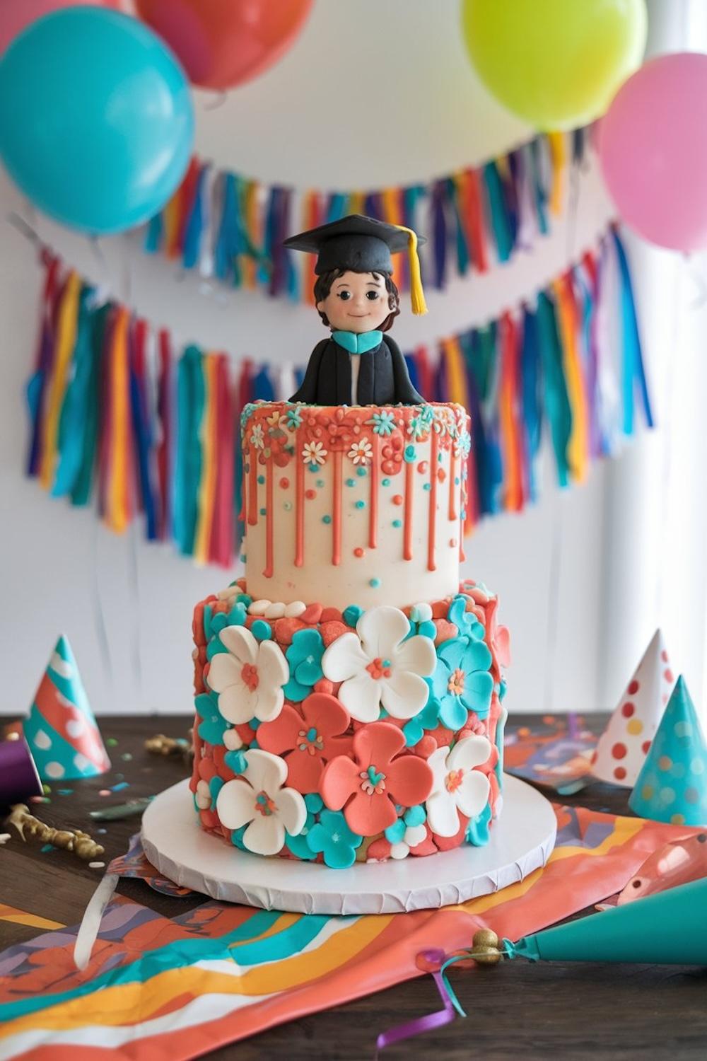 a beautifully decorated graduation cake with a class photo on top