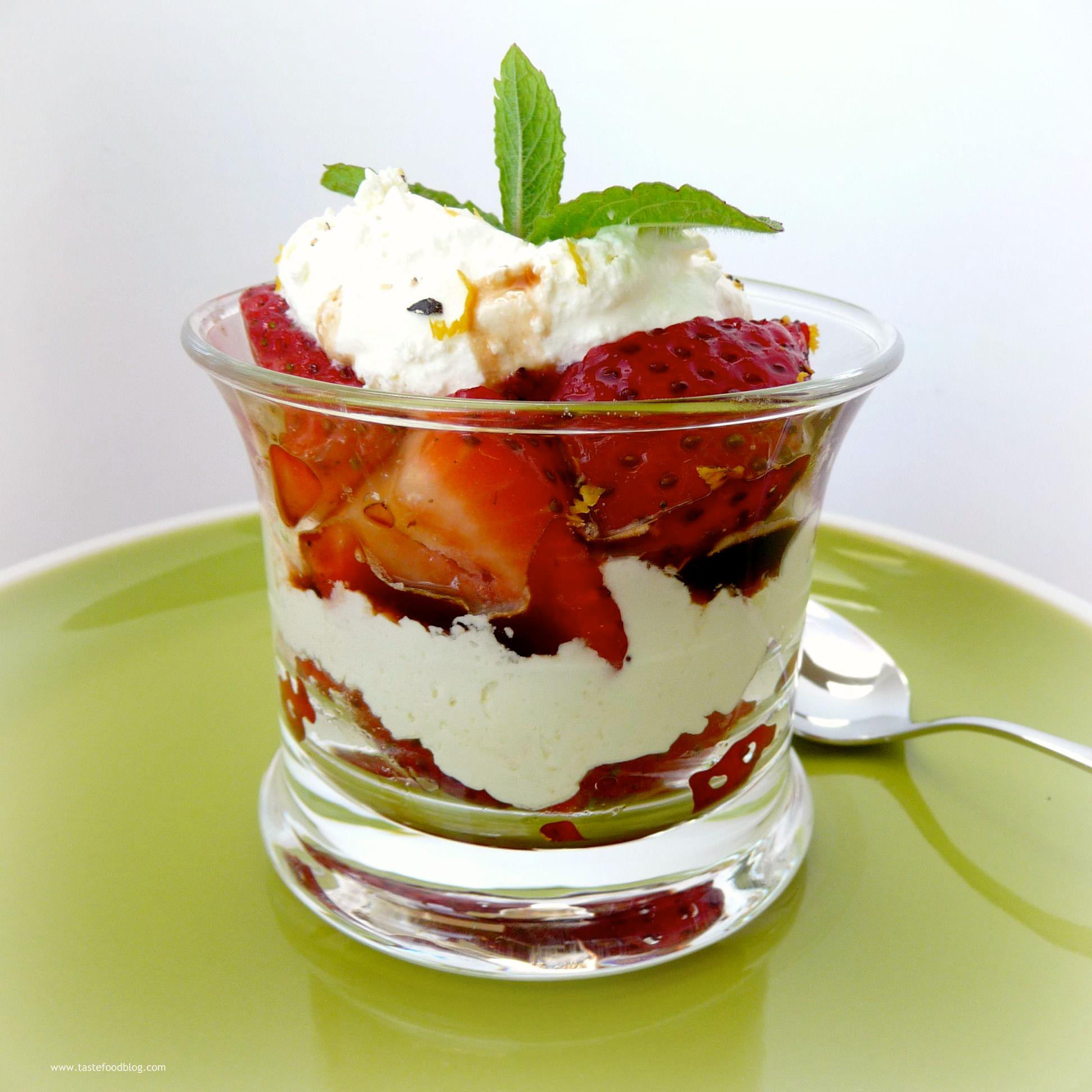 layered strawberry black pepper honeycomb parfait in a clear glass