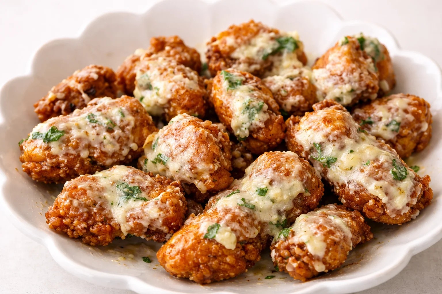 Spicy Garlic Parmesan Chicken Bites on a platter with toothpicks, garnished with fresh parsley, perfect for a party