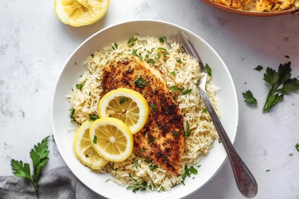 Cozy plate of lemon herb chicken and rice, steam rising, comfort food atmosphere