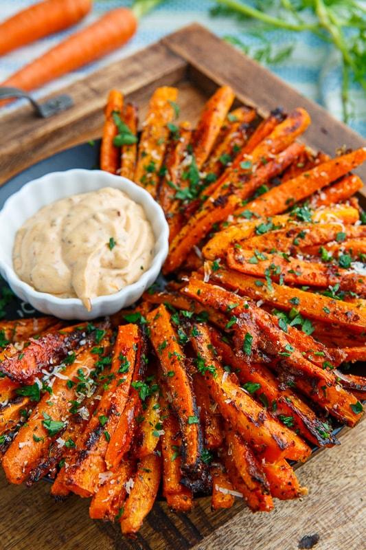 close up of lemon pepper roasted carrot fries