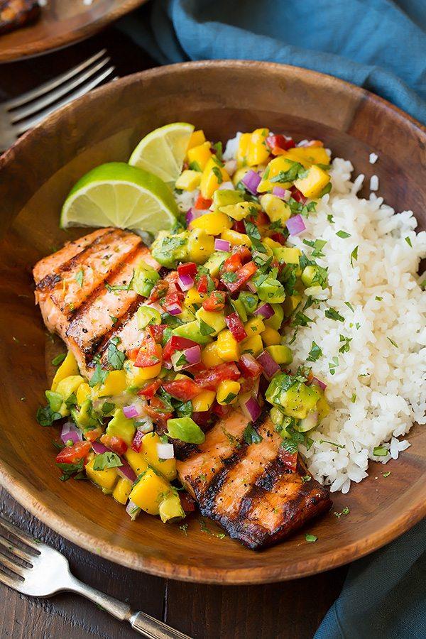 grilled salmon topped with mango salsa