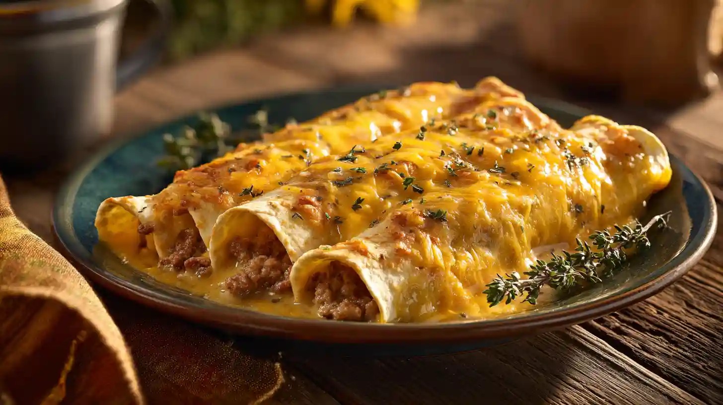 Close-up of golden brown breakfast enchiladas smothered in creamy white sausage gravy, garnished with fresh chives, in a rustic cast iron skillet